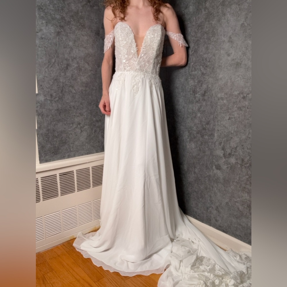 Calla Blanche 2025 Wedding Gown | Beaded Bodice + Train | Charmeuse A-Line
